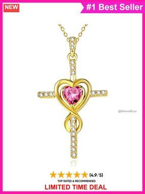 14K Gold Plated Cross Necklace Heart Birthstone Pendant 18 in